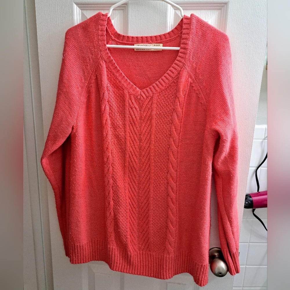 Faded Glory Pink V-Neck Sweater with Cable Knit Detailing